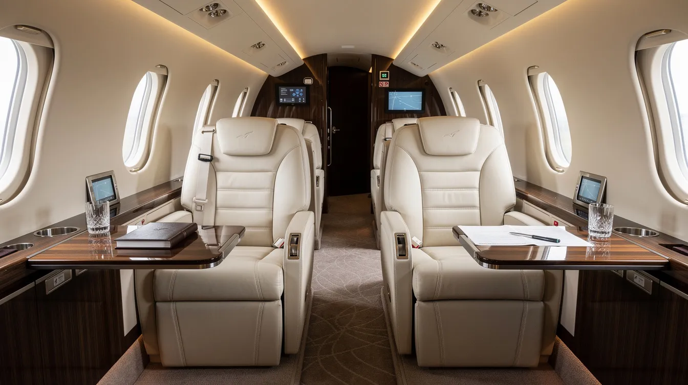 The image depicts the luxurious interior of a midsize business jet, featuring plush leather seats designed for comfort and style. This elegant aircraft exemplifies the high standards of private aviation, perfect for transporting celebrities and football fans to major sporting events like the Super Bowl.