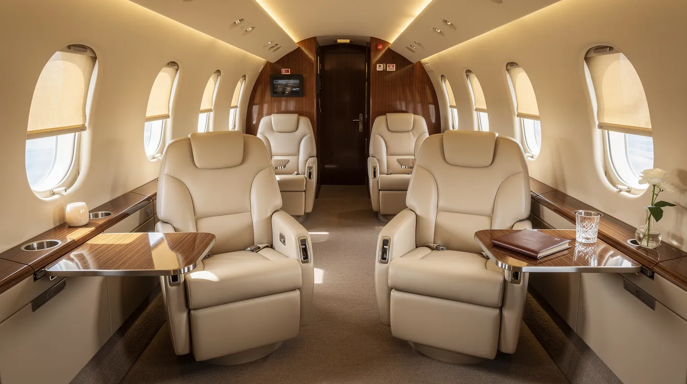 The image depicts an elegant interior of a midsize private jet, featuring a club seating configuration bathed in warm lighting, creating a luxurious and inviting atmosphere for private jet passengers. This sophisticated space is designed to enhance privacy and comfort for discerning travelers and business executives alike.