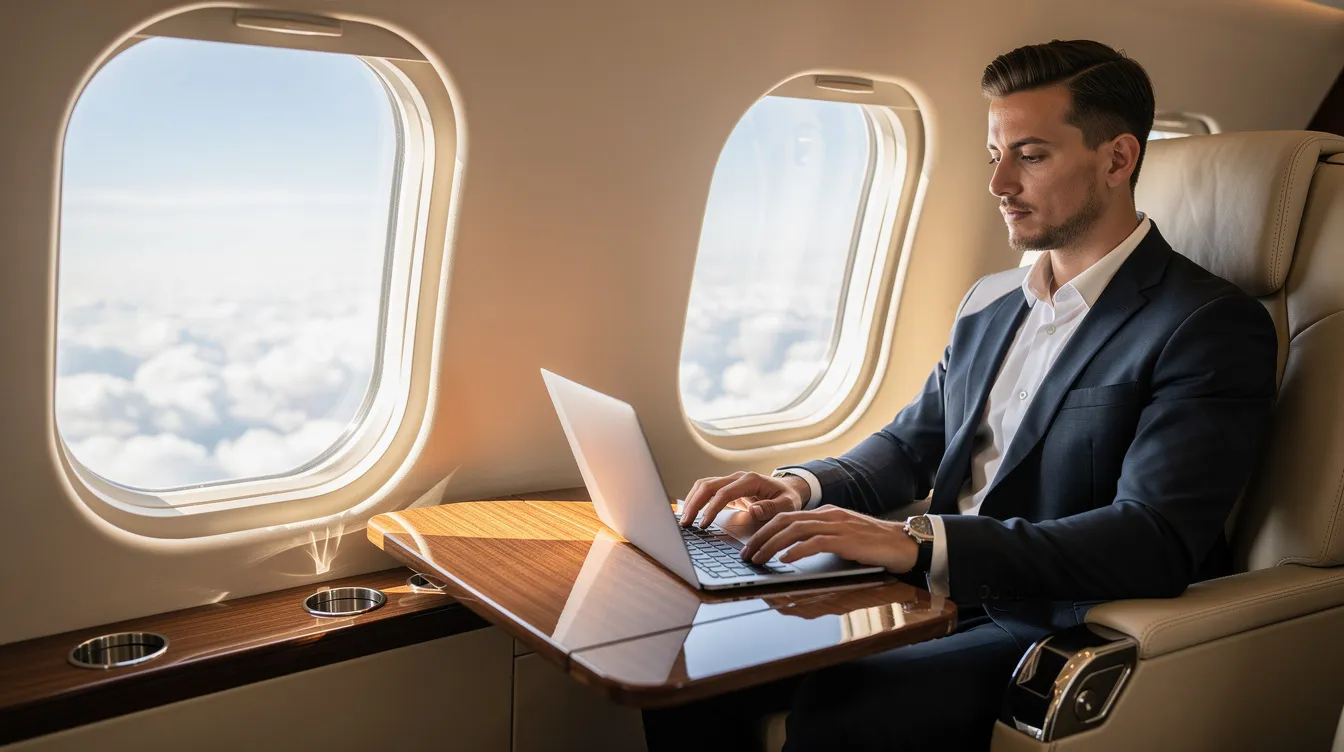 A business professional is focused on their laptop inside the luxurious cabin of a private jet, with a stunning view of fluffy clouds outside the window. This setting highlights the convenience and privacy that private jet travel offers to discerning business travelers.