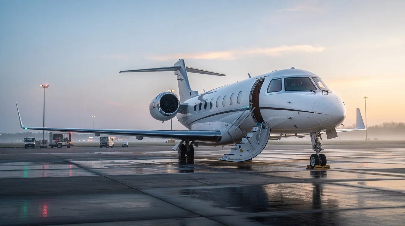 A private jet sits on a quiet tarmac at dawn, with its stairs extended and minimal ground activity surrounding it, symbolizing the exclusivity and tranquility of private jet travel for discerning passengers. This serene scene highlights the luxury and privacy that private aviation offers, ensuring a secure and personalized experience for its travelers.