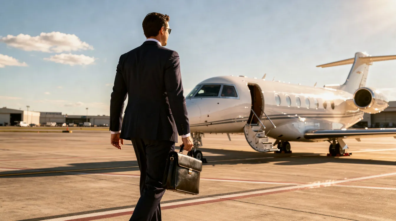 A business executive confidently walks toward a private jet on a sunny tarmac, reflecting the essence of secure executive travel. This scene captures the importance of professional transportation services, ensuring a safe and organized journey for high-profile individuals.