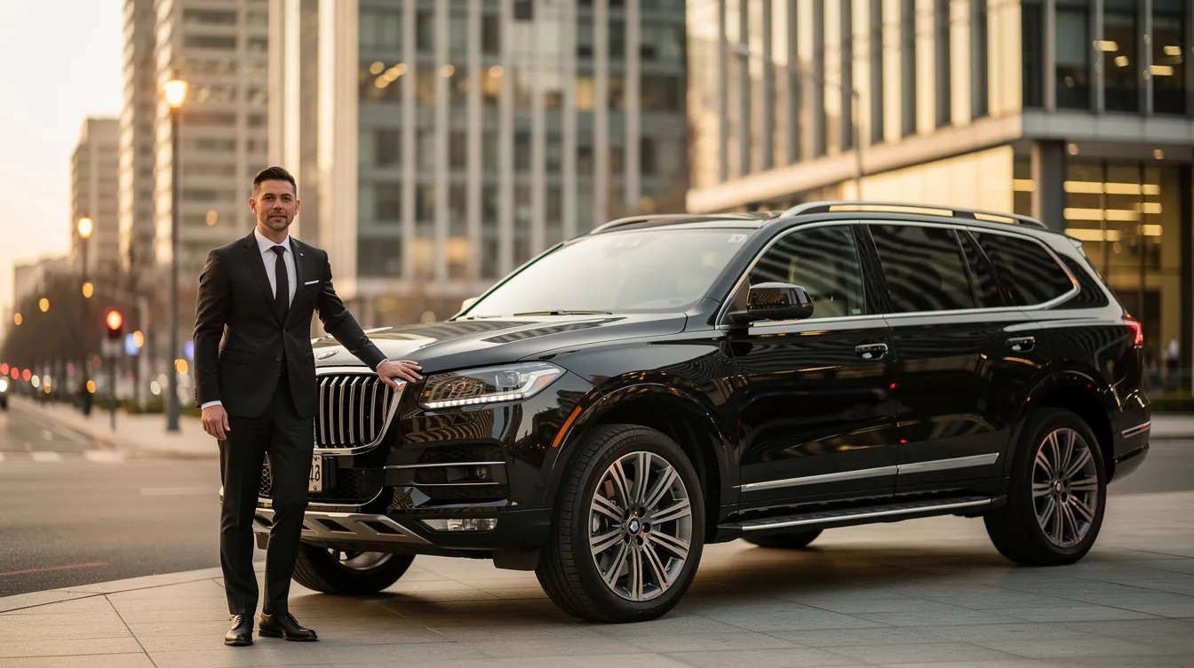 A professional driver stands beside a sleek black executive SUV in an urban setting, ready to provide secure transportation services for corporate executives. The scene conveys a sense of reliability and professionalism, ideal for those seeking executive transportation in a secure environment.