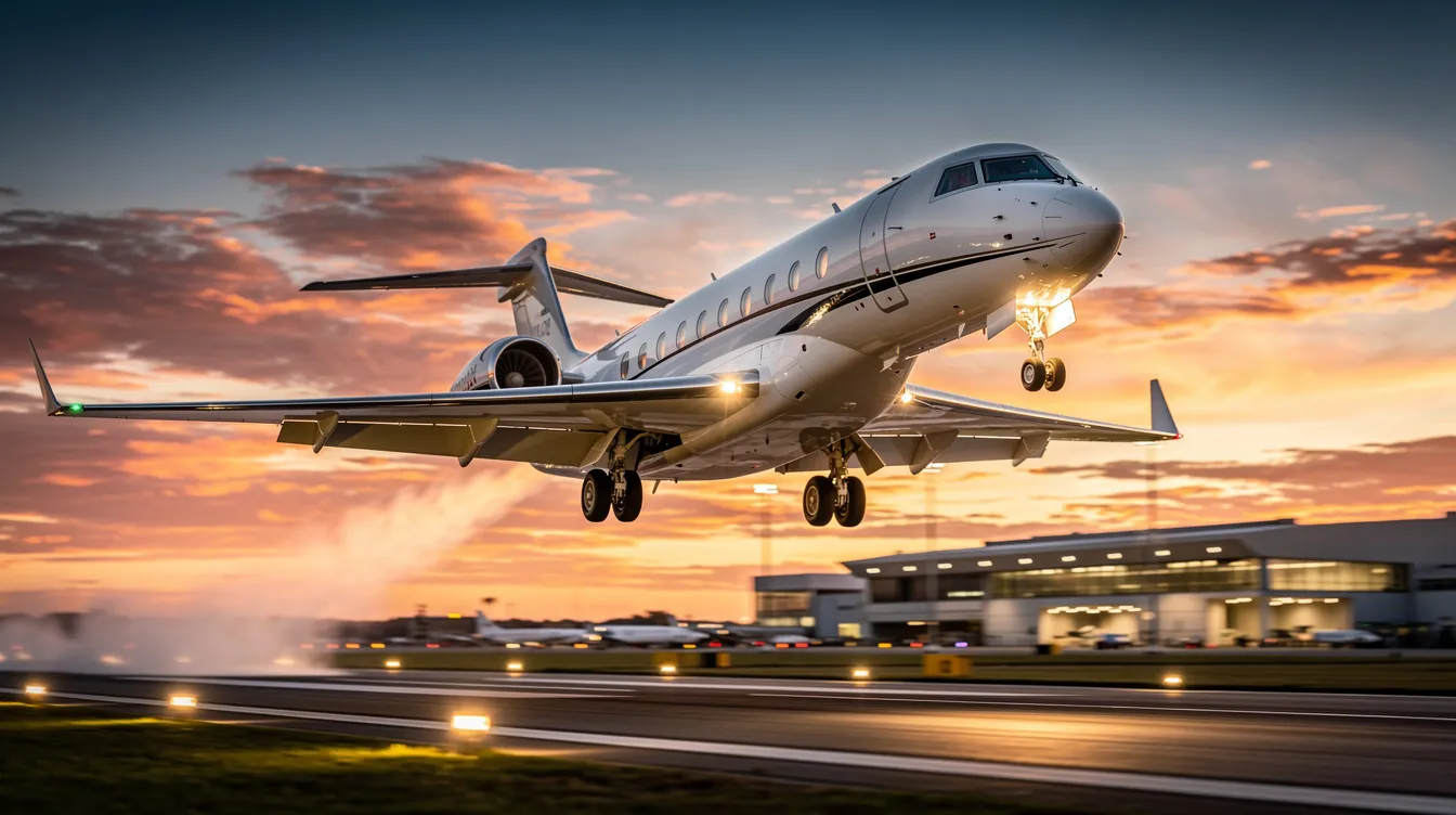 A private jet is taking off against a vibrant sunset sky, symbolizing the luxurious experience of private aviation. This image captures the essence of fractional jet ownership, highlighting the allure of flying private with guaranteed access and exceptional service.