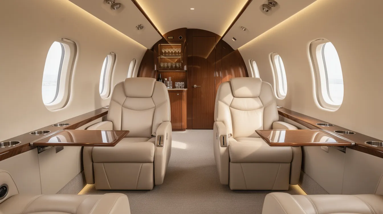 The image depicts the luxurious interior of a midsize private jet cabin, featuring plush leather seats arranged for comfort and style. This setting exemplifies the benefits of private aviation, offering an inviting space for fractional jet owners to enjoy their travel experience.