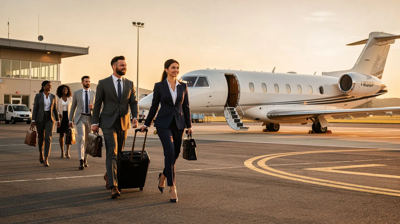 A group of business travelers in professional attire is walking towards a private jet at a small regional airport, highlighting the convenience and luxury of private aviation. This scene reflects the growing interest in fractional jet ownership and private charter options, offering a cost-effective solution for frequent flyers seeking personalized service and time savings.