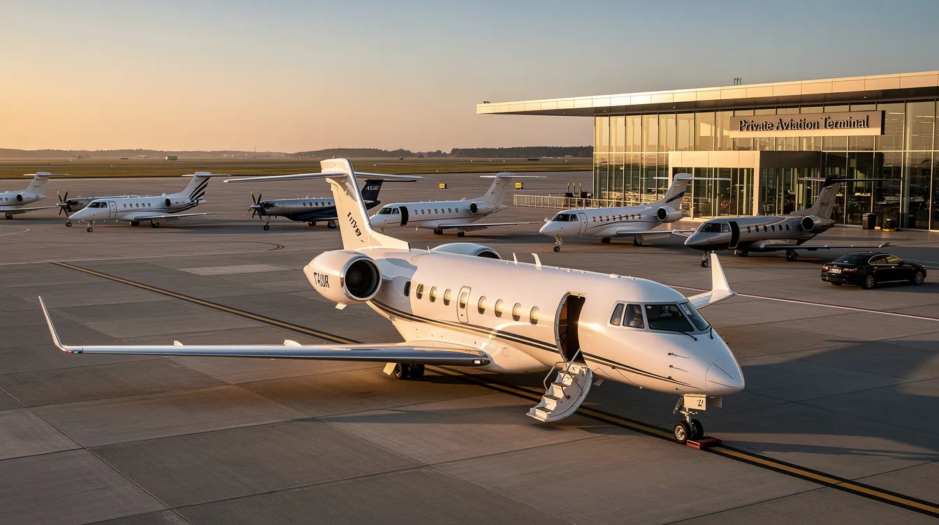 The image depicts a luxurious private jet on the tarmac, symbolizing the private aviation industry and the allure of private travel. It highlights options like fractional ownership and private charter services, catering to those seeking a personalized aviation experience.