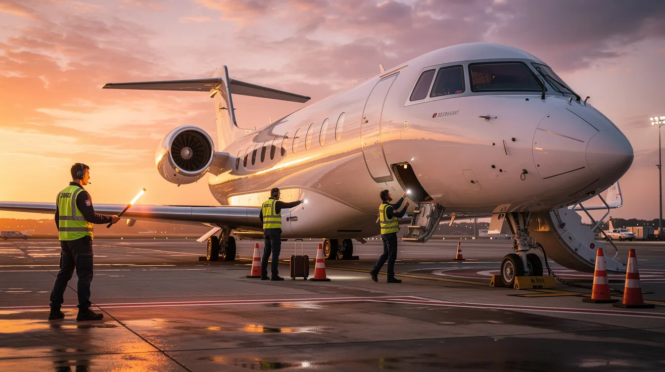 A sleek private jet is parked on the tarmac at sunset, with crew members busily preparing for its departure on a charter flight from New York to London. The vibrant colors of the sunset cast a warm glow over the aircraft, highlighting its luxurious design and spacious cabin.