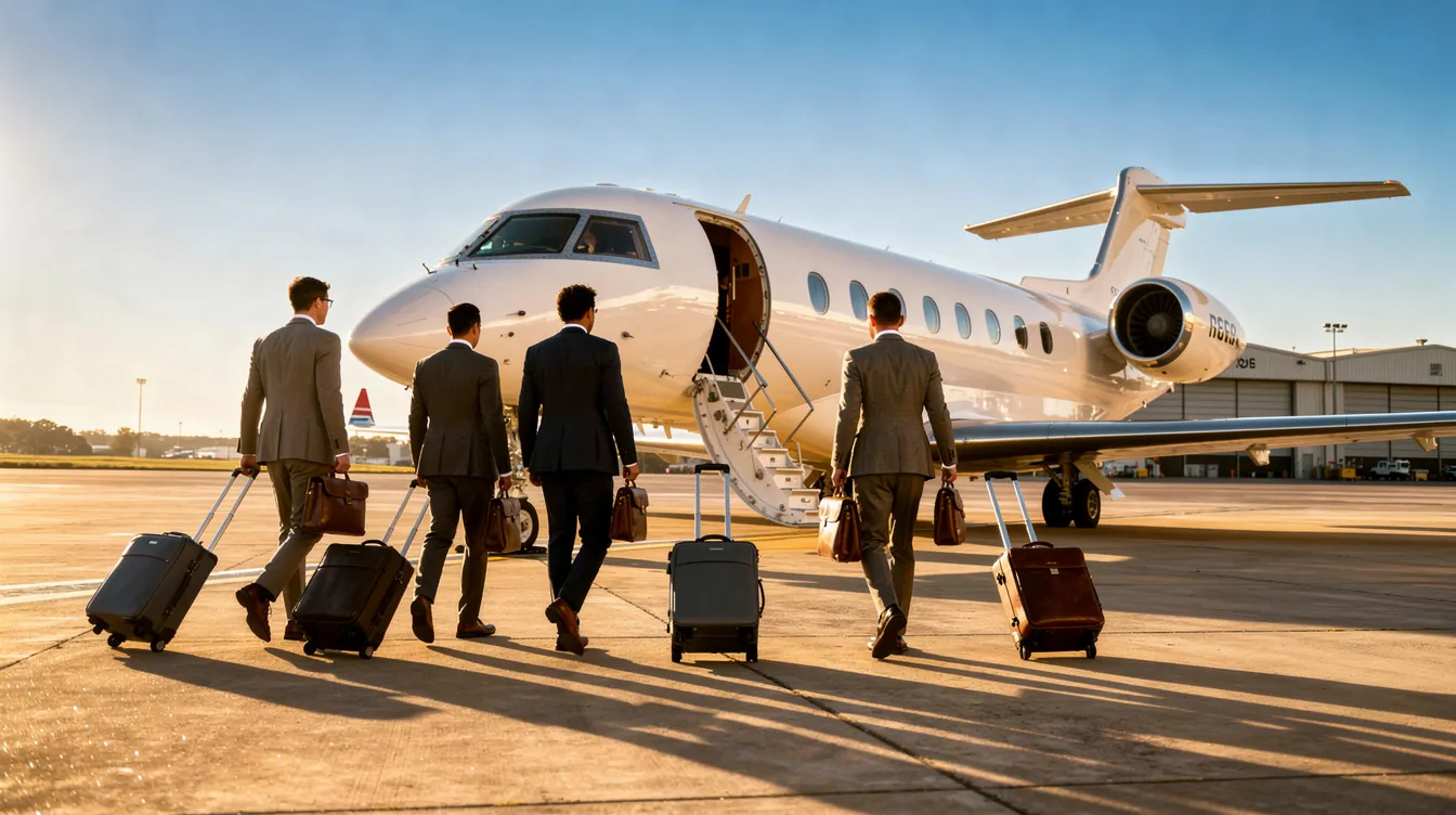 A group of business travelers walks toward a private jet on a sunny day, ready for their private flight from New York to London. The scene captures the essence of luxury travel, highlighting the spacious cabin and exceptional service typically associated with private jet charters.