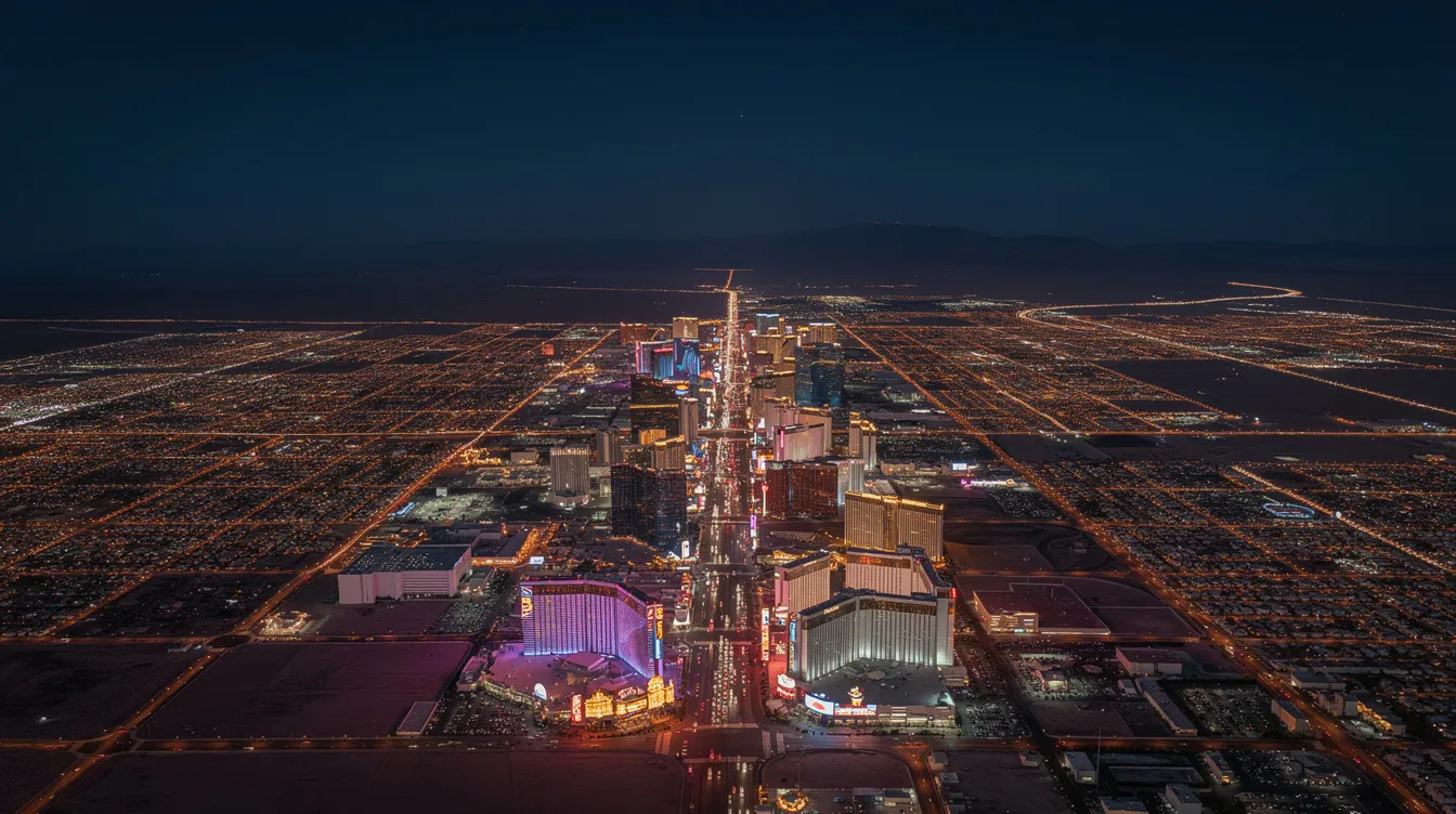 An aerial view showcases the vibrant city lights of Las Vegas at night, surrounded by the vast desert landscape. The illuminated Las Vegas Strip stands out as a beacon of entertainment, contrasting beautifully with the dark surroundings, highlighting the allure of this popular destination for travelers flying from Los Angeles on private jets.