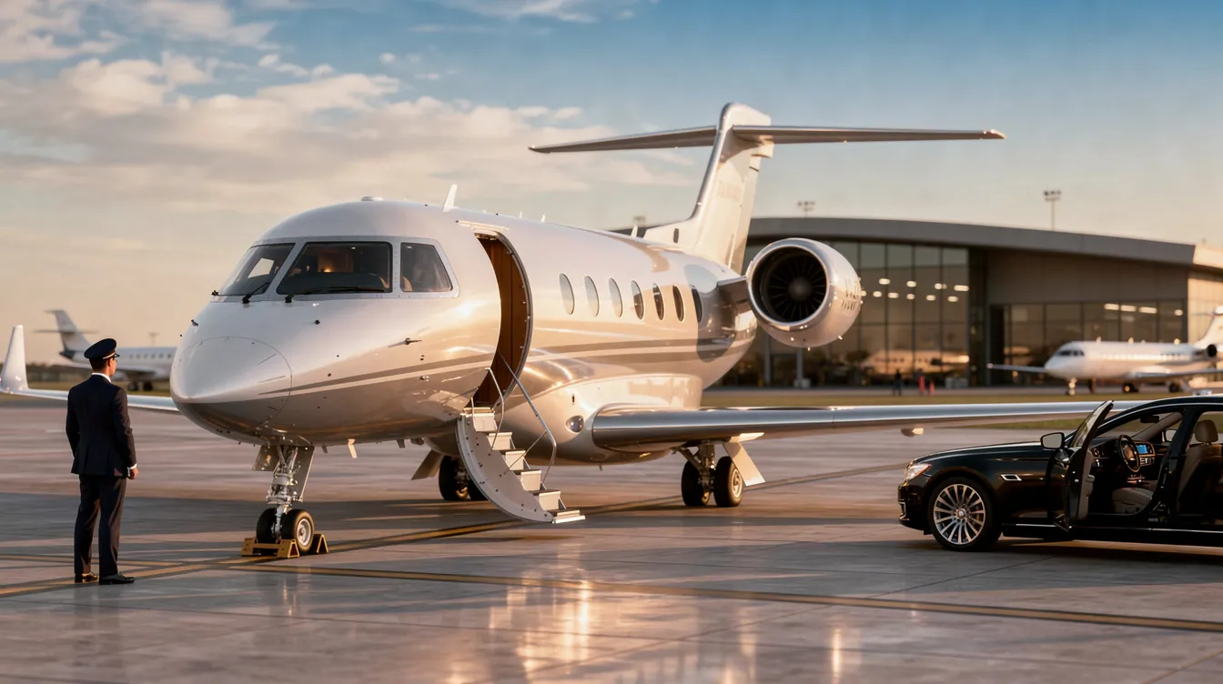 The image showcases a sleek private jet parked at a luxurious airport, with the vibrant Las Vegas Strip visible in the background, symbolizing the quick and stylish travel options available for flights from Los Angeles to Las Vegas. This private aviation experience offers travelers the convenience of charter flights and access to exclusive destinations, perfect for short trips or round trips to Sin City.