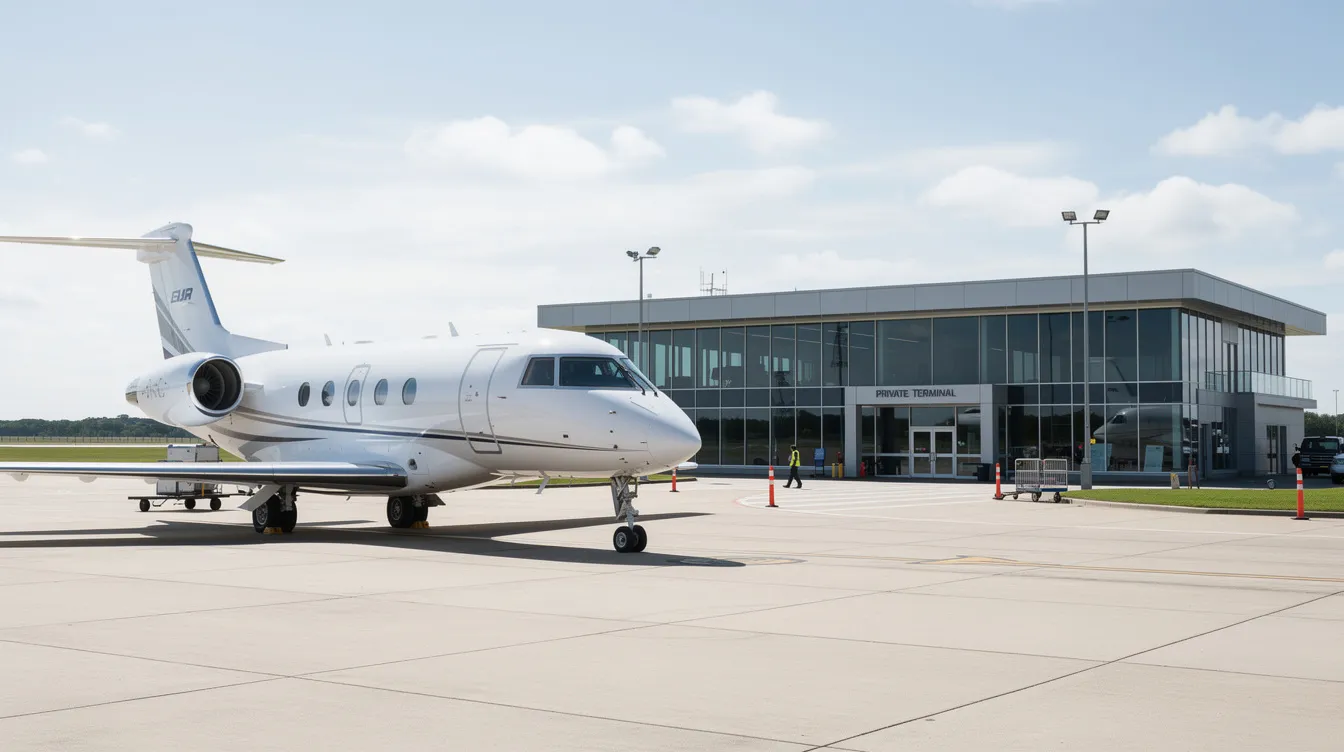 The image depicts a small private terminal building with a sleek business jet parked outside, highlighting the convenience of private aviation and charter services for travelers seeking a personalized flying experience. This setting emphasizes the benefits of flying private, such as avoiding long security lines and enjoying exclusive access to regional airports.