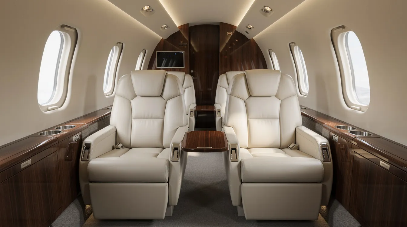The image depicts the luxurious interior of a midsize private jet, featuring plush leather seats and elegant wood paneling, highlighting the comfort and style that private jet travel offers. This sophisticated setting is ideal for business travelers seeking a premium flying experience, ensuring a personalized service and seamless charter flight.