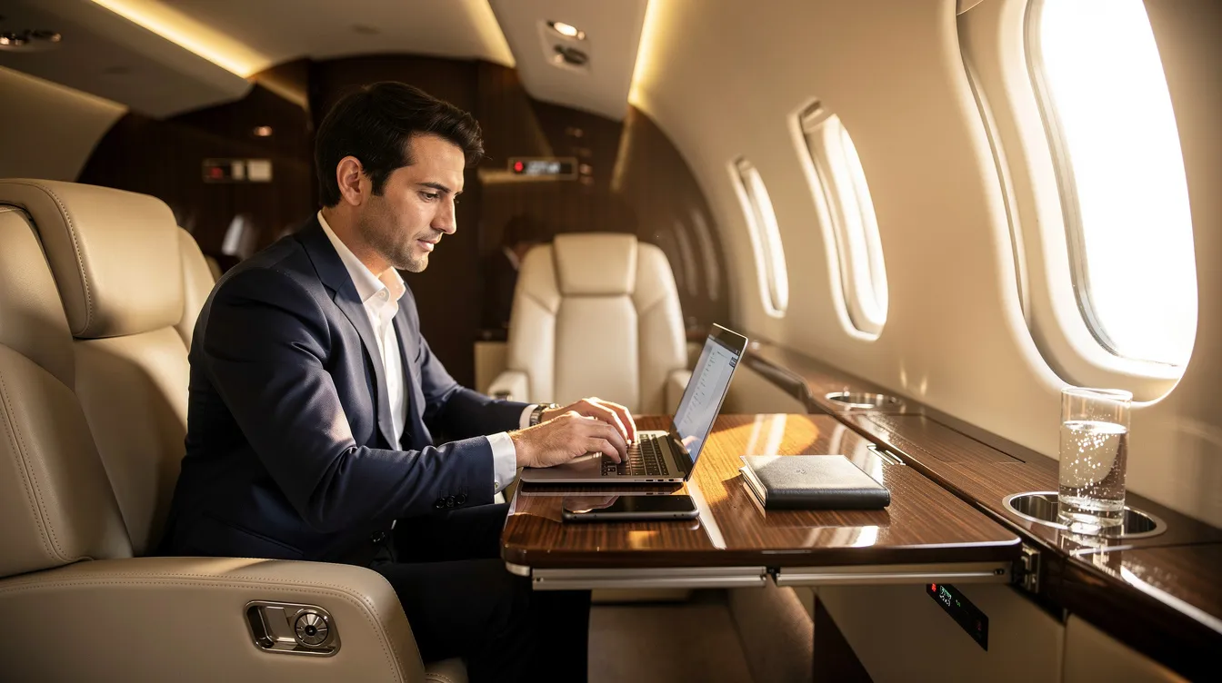 A business professional is seated in a luxurious private jet cabin, focused on their laptop while enjoying the high-speed Wi-Fi and comfortable surroundings. This scene highlights the private aviation experience, showcasing the convenience and efficiency of chartering a private jet for business travel.