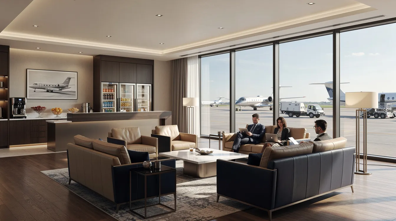 The image depicts the interior of a modern FBO lounge, featuring comfortable seating arrangements and large windows that provide a view of the tarmac, ideal for private jet travelers awaiting their private flight. This stylish environment offers a glimpse into the luxurious experience of private aviation, making it a perfect spot for first-time private jet flyers.