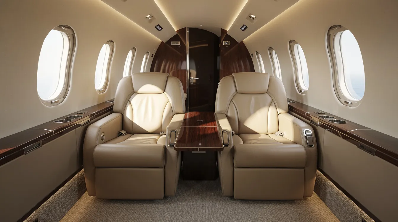 The image showcases a luxurious club-four leather seating arrangement inside the cabin of a midsize private jet, designed for comfort and elegance, perfect for private jet travelers seeking an exceptional private jet experience. The plush seating enhances the ambiance of private aviation, making it ideal for both business meetings and leisure trips.