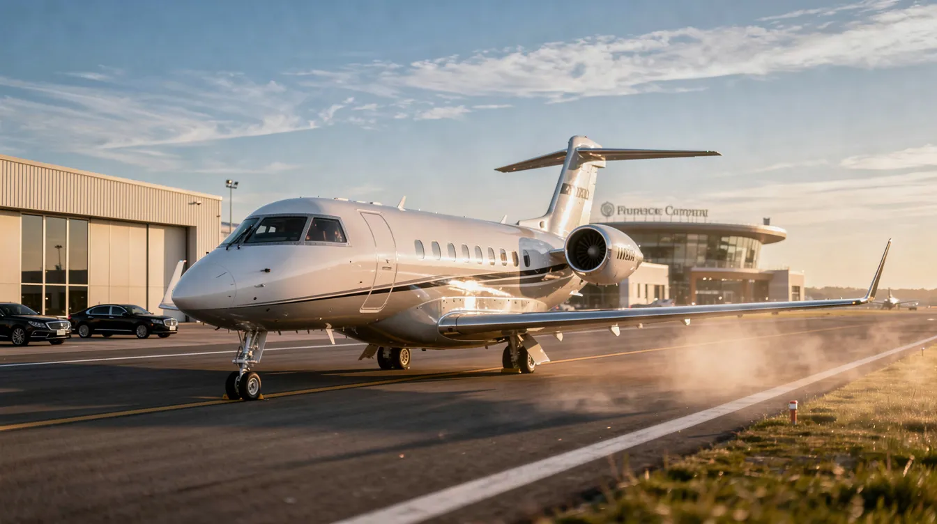 The image depicts a sleek private jet from Freedom Airline Express, showcasing the modern aircraft that operates scheduled flights across destinations in Nairobi, Kenya, and the broader African continent, including Mombasa and Mogadishu. The scene emphasizes luxury travel options and the convenience of booking trips through this leading private airline at Wilson Airport.