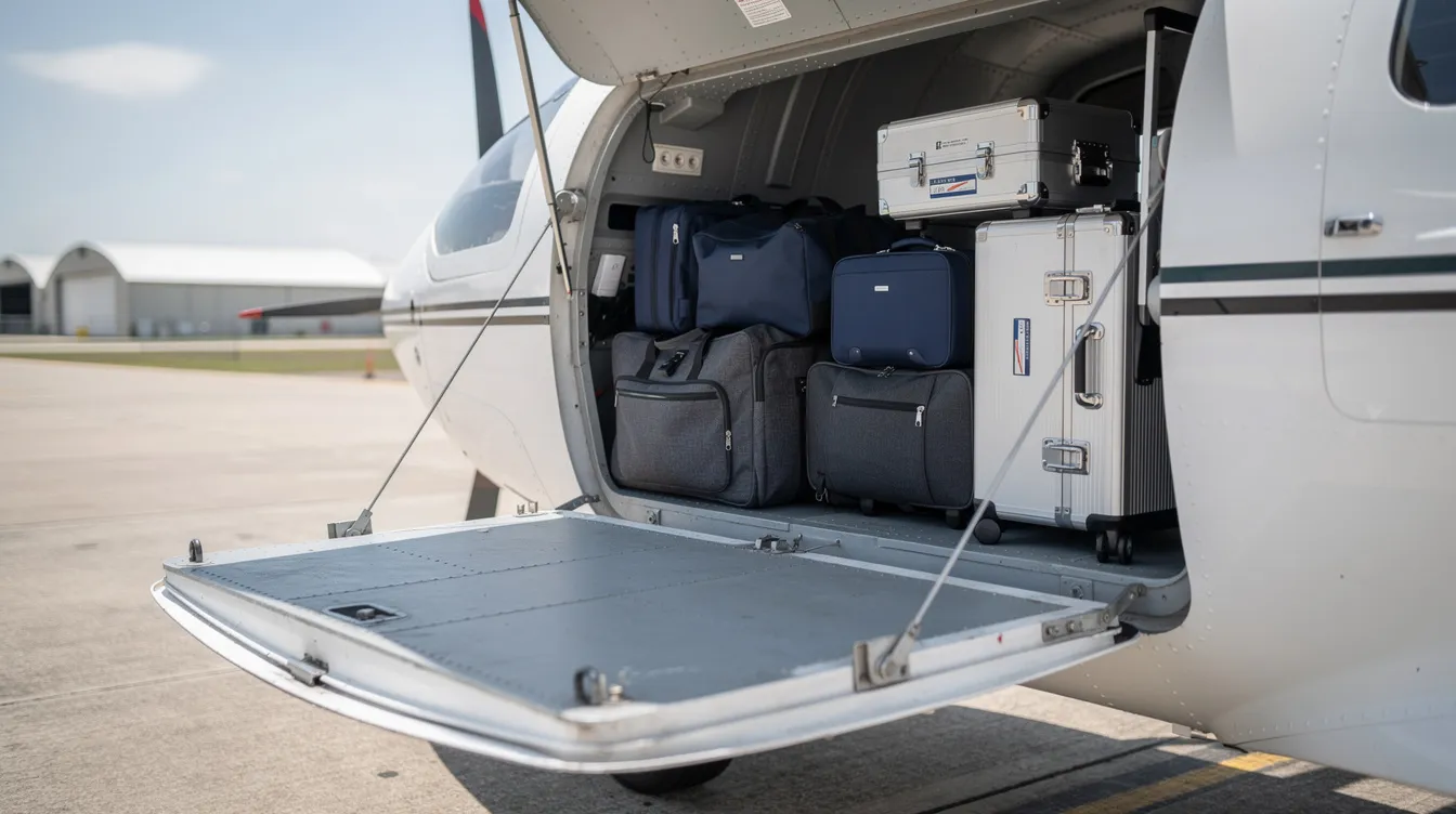 The image shows the interior of a small aircraft's baggage compartment, filled with overnight bags and flight cases, showcasing easy access and practicality for student pilots and flight training. This compartment is designed to maximize the aircraft's functionality while maintaining a focus on safety and performance.