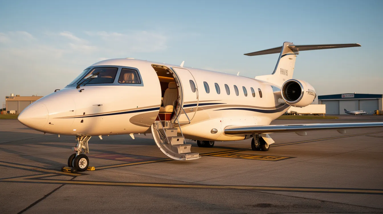 A light business jet is parked on the airport tarmac with its cabin door open, showcasing the new interior designed for easy access and comfort. The aircraft, known for its successful performance and durability, features a spacious cabin with seats arranged for both pilots and passengers, making it ideal for flight training and travel.