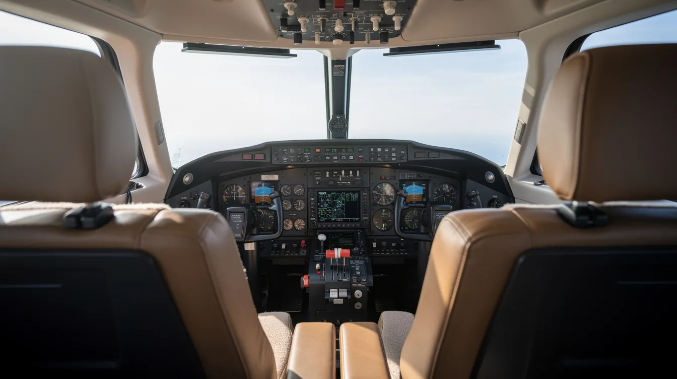 The image shows the interior of a Cessna 172 cockpit from the pilot's perspective, featuring plush leather seats and a control yoke, highlighting its design for flight training and convenience for student pilots. The well-equipped cockpit emphasizes the aircraft's reputation as one of the most successful and ultimate training aircraft in aviation history.