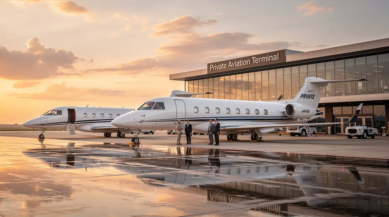 The image shows multiple business jets of varying sizes parked at a private aviation terminal, highlighting the diversity in aircraft types, from light jets to larger cabin jets. This scene reflects the private jet industry, where considerations like fuel efficiency and operating costs are crucial for owners and charter operators.