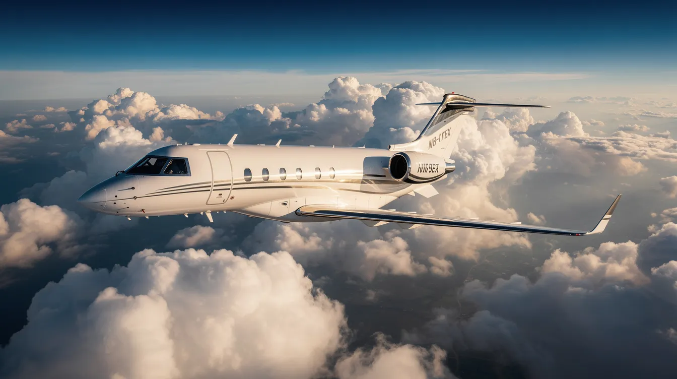 A private jet soars above a stunning cloudscape, set against a backdrop of a clear blue sky, illustrating the elegance of private aviation. This scene highlights the aircraft's fuel efficiency and the importance of understanding private jet fuel consumption and costs for optimal flight planning.