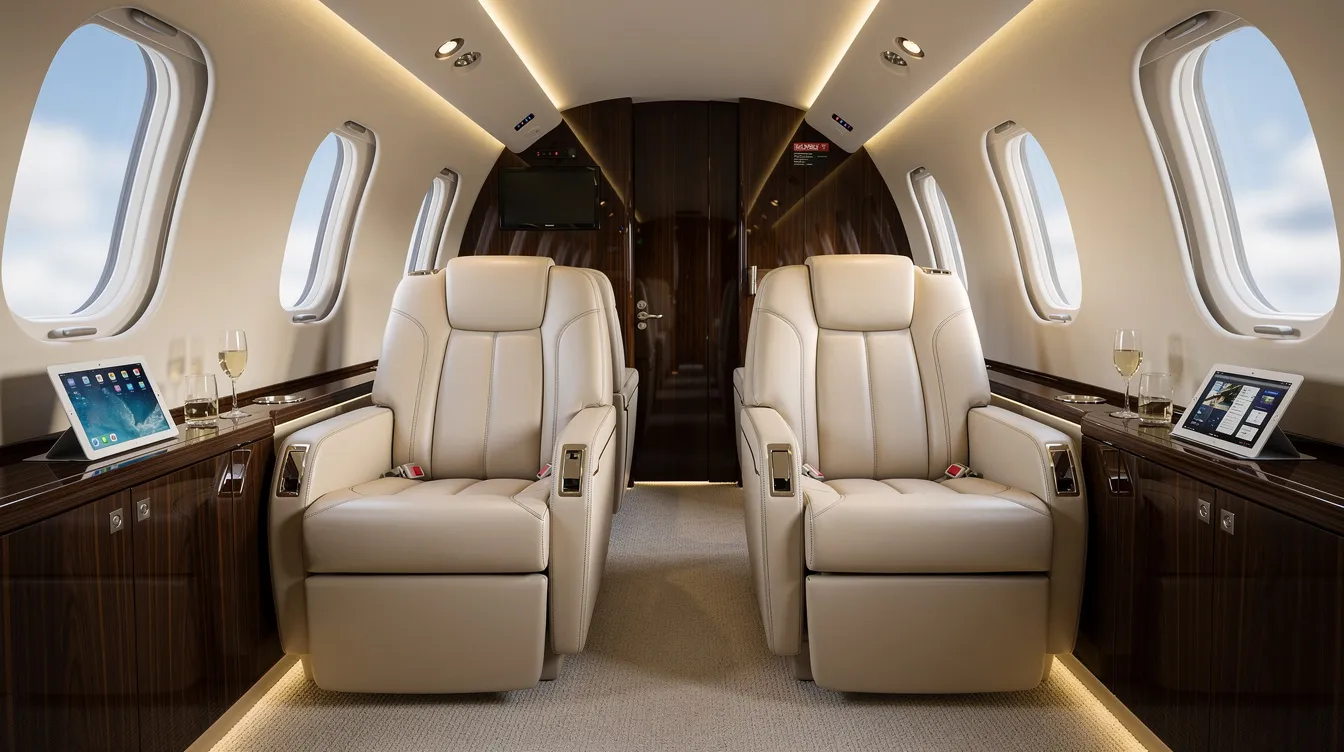 The image depicts the interior of a modern private jet cabin, featuring luxurious leather seats and elegant wood finishes, designed for comfort and style. This sophisticated space caters to travelers' needs, offering a personal touch and an efficient environment for business or leisure flights.