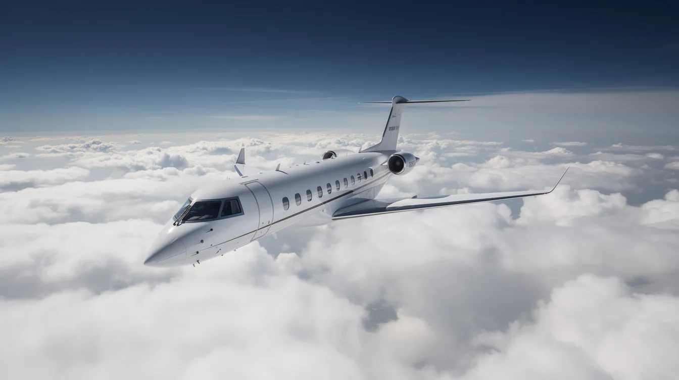A sleek private jet soars above fluffy white clouds against a bright blue sky, symbolizing the luxury and convenience of private jet lease agreements for travelers seeking efficiency and flexibility in their flight options. The image captures the essence of high-end travel, showcasing the aircraft's elegance and the freedom it offers to its passengers.