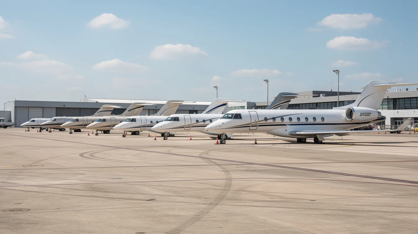 The image shows multiple private jets of varying sizes parked on an airport apron, highlighting the diversity in the private aviation industry. This scene reflects the private jet leasing market, where individuals and companies can explore various private jet lease arrangements for their travel plans.