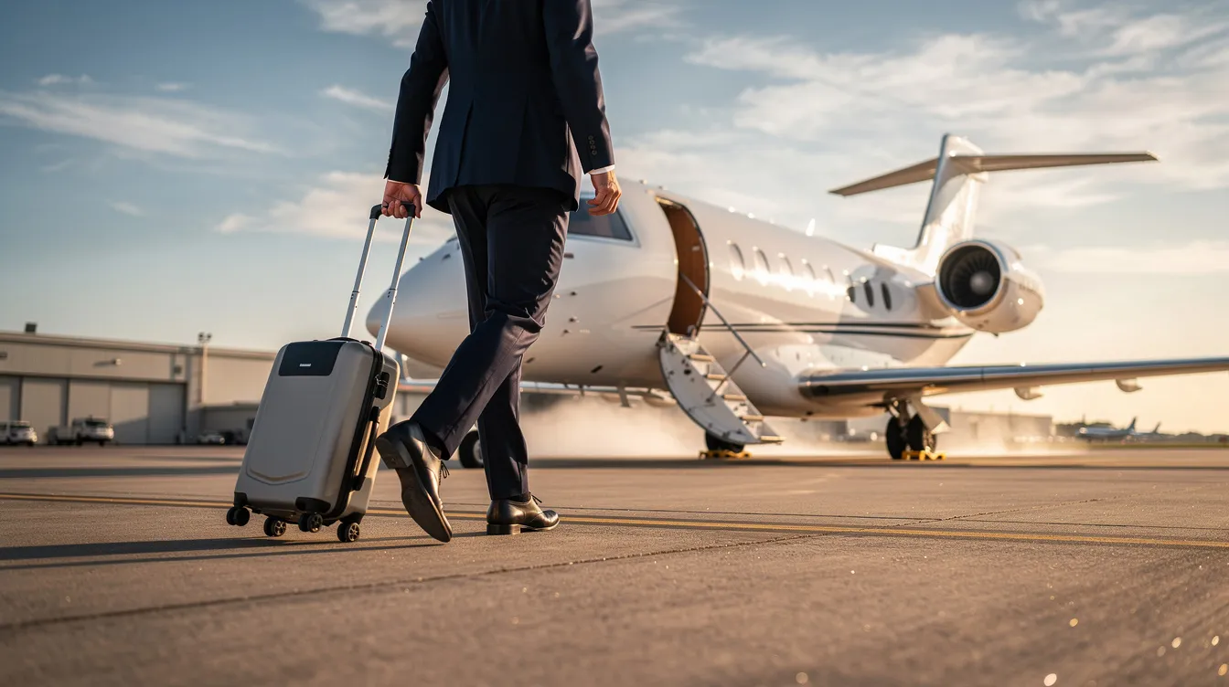 A business professional is walking confidently toward a sleek private jet on a runway, highlighting the allure of private air travel. This image reflects the luxury and convenience associated with leasing a private jet, showcasing the potential benefits of personalized service and significant financial advantages in the private aviation industry.