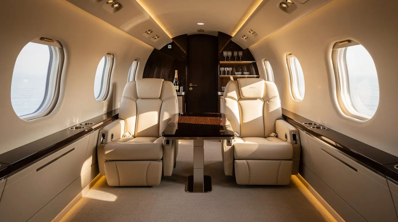 The image showcases the luxurious interior of a private jet, featuring plush leather seating arranged for comfort and elegance. This opulent space highlights the appeal of private aviation, making it an attractive option for those considering private jet lease agreements for their travel plans.