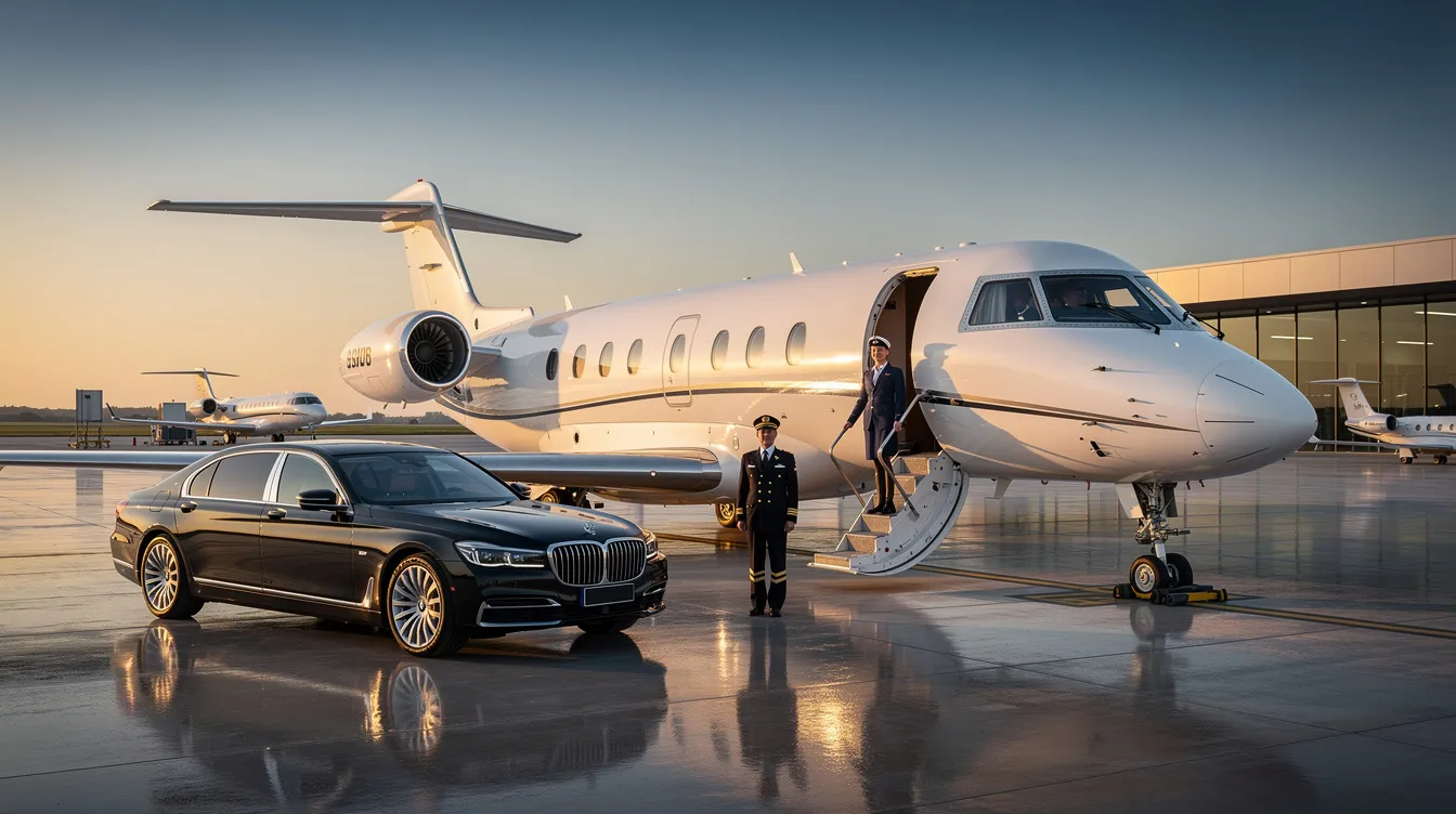 The image depicts a luxurious private jet parked at an airport, showcasing the sleek design of the aircraft that offers all the advantages of private aviation. This private jet flight represents the ultimate in comfort and convenience, perfect for travelers planning their next journey to leisure destinations.
