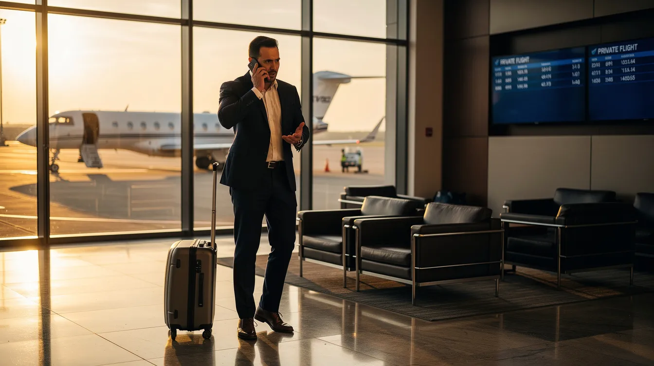 A business traveler stands at a private aviation terminal, urgently making a phone call while checking their watch, indicating they are running late for their scheduled departure. The terminal features sleek design elements typical of private jet travel, with a backdrop of private aircraft waiting on the tarmac.