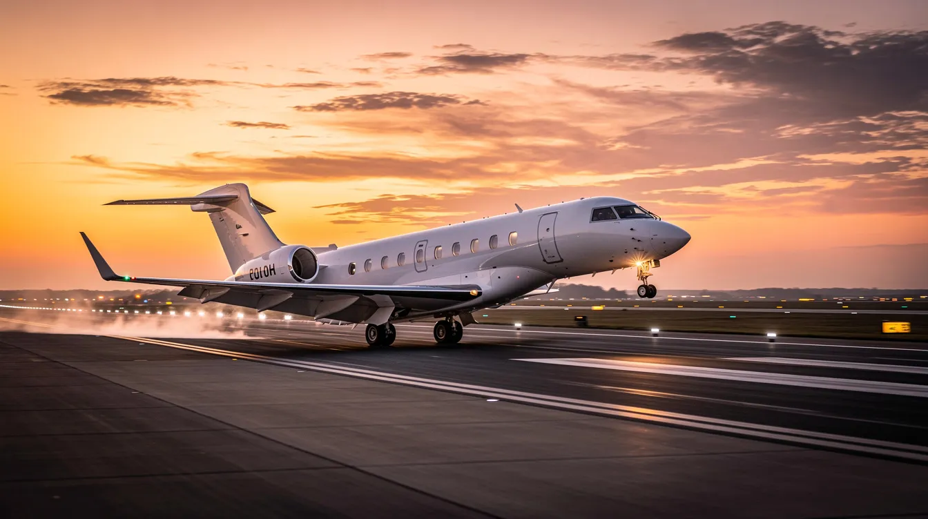 A private jet is taking off against a vibrant orange sunset sky, symbolizing the luxury and exclusivity of private aviation. This scene captures the essence of private jet travel, offering a glimpse into the world of charter flights and the unique experience of flying privately.