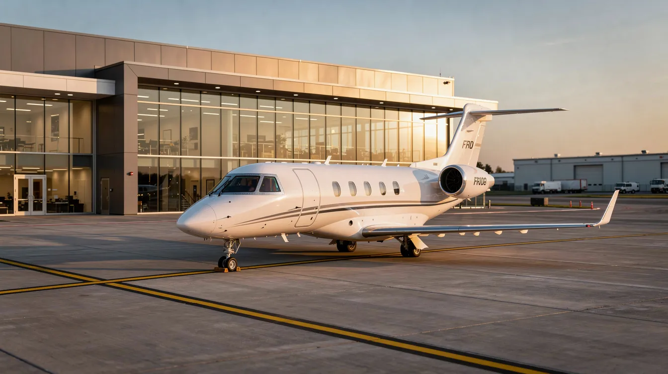 A small private jet is parked outside a sleek, modern FBO terminal building, showcasing the luxury and convenience ofprivate aviation. This scene highlights the appeal of private jet travel, offering an alternative to crowded commercial airlines and emphasizing the benefits of chartering a private jet.