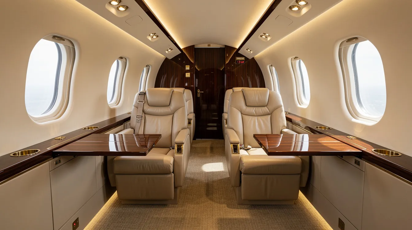 The image shows the luxurious interior of a private jet cabin featuring plush beige leather seats and elegant wood trim, highlighting the comfort and sophistication associated with private jet travel. This setting exemplifies the amenities often found in private aviation, making it an ideal choice for those seeking to fly privately.
