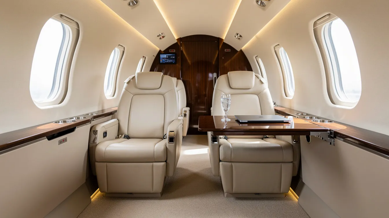 The image depicts the interior of a private jet cabin featuring plush leather seats and a small table, designed for maximum comfort and a luxurious travel experience. This elegant space is ideal for personalized service, catering to the specific needs of passengers during their private air travel.
