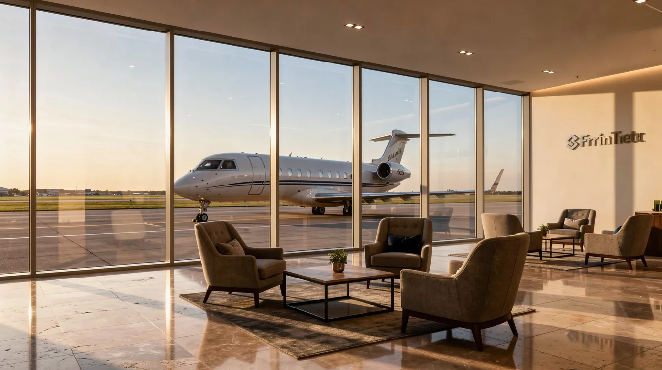 The image depicts a small private airport terminal building with sleek glass windows, showcasing a private jet parked just outside. This setting highlights the luxury and efficiency of private aviation, providing travelers with personalized service and the ability to fly on their own schedule.