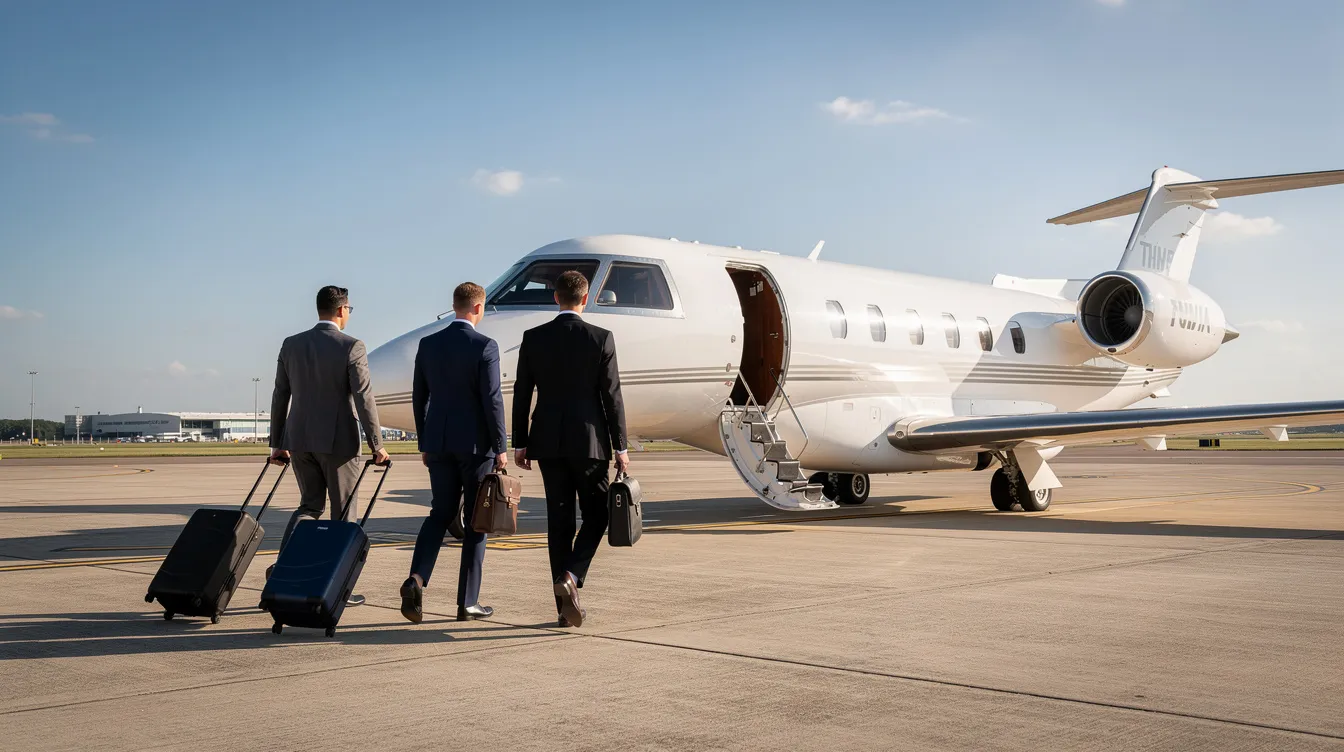 A group of business travelers is walking towards a small private jet parked on a sunny tarmac, ready for their private jet flight. The scene captures the essence of private aviation and the convenience of charter flights, reflecting the appeal of flying private for efficient business travel.