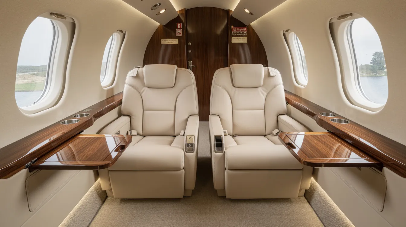 The image depicts the interior of a light jet cabin, featuring plush leather seats and elegant wood trim details, illustrating the luxurious experience of private jet travel. This sophisticated setting highlights the comfort and style associated with private jet charters, making it an appealing option for those considering private flight for business or leisure.