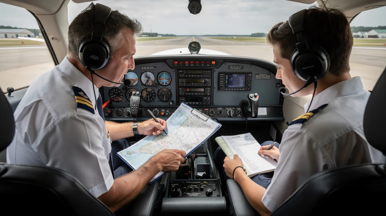 A flight instructor and a student pilot are seated in the cockpit of a small training aircraft, intently reviewing navigation charts together. This scene captures a moment of learning in the aviation industry, emphasizing the importance of flight training and the operational aspects of small aircraft.