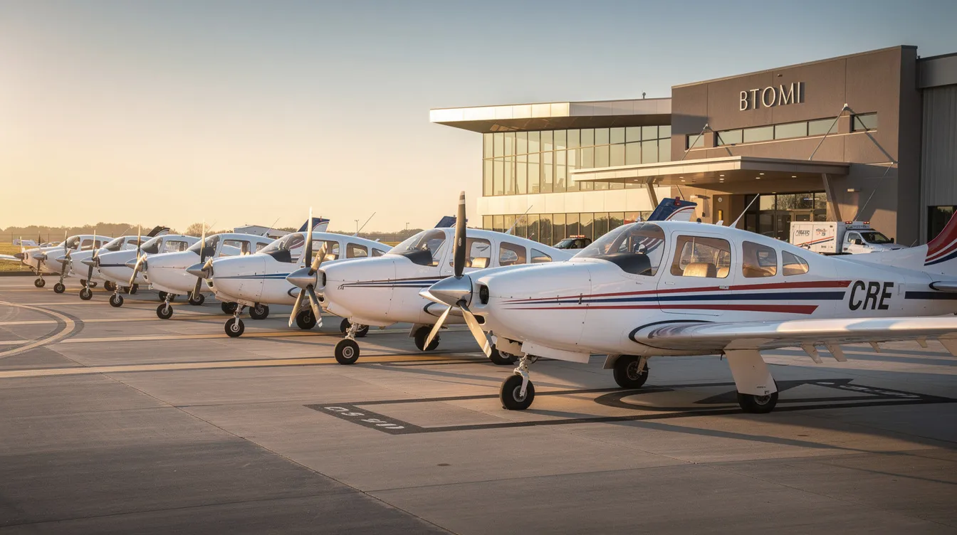 A row of small aircraft is parked at a fixed-base operator facility, showcasing various newer aircraft models used in the aviation industry. These business aircraft are typically involved in lease agreements, providing access to private aviation for owners and operators.
