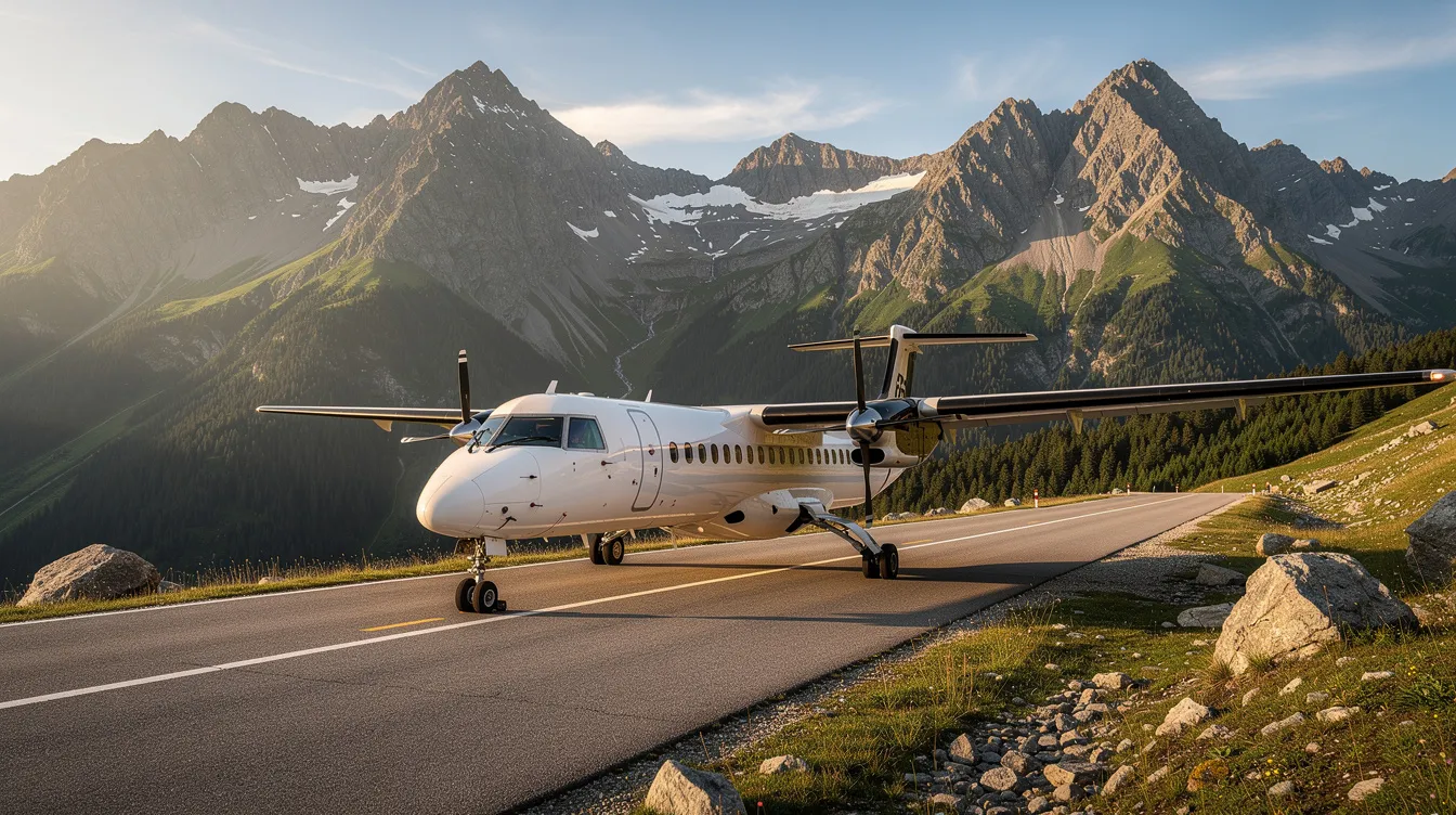 A turboprop aircraft is positioned on a short mountain runway, surrounded by a breathtaking scenic backdrop of towering peaks and lush greenery, showcasing the charm of regional air travel. This smaller aircraft is designed for short flights, offering a unique perspective on aviation amidst stunning natural beauty.