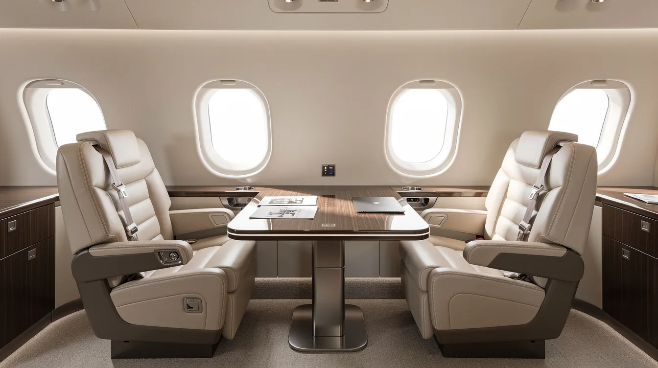The image depicts the interior of a midsize jet cabin featuring a club seating arrangement with a central table, designed for passenger comfort during business travel. This layout enhances the inflight experience, making it ideal for long flights on commercial aircraft.