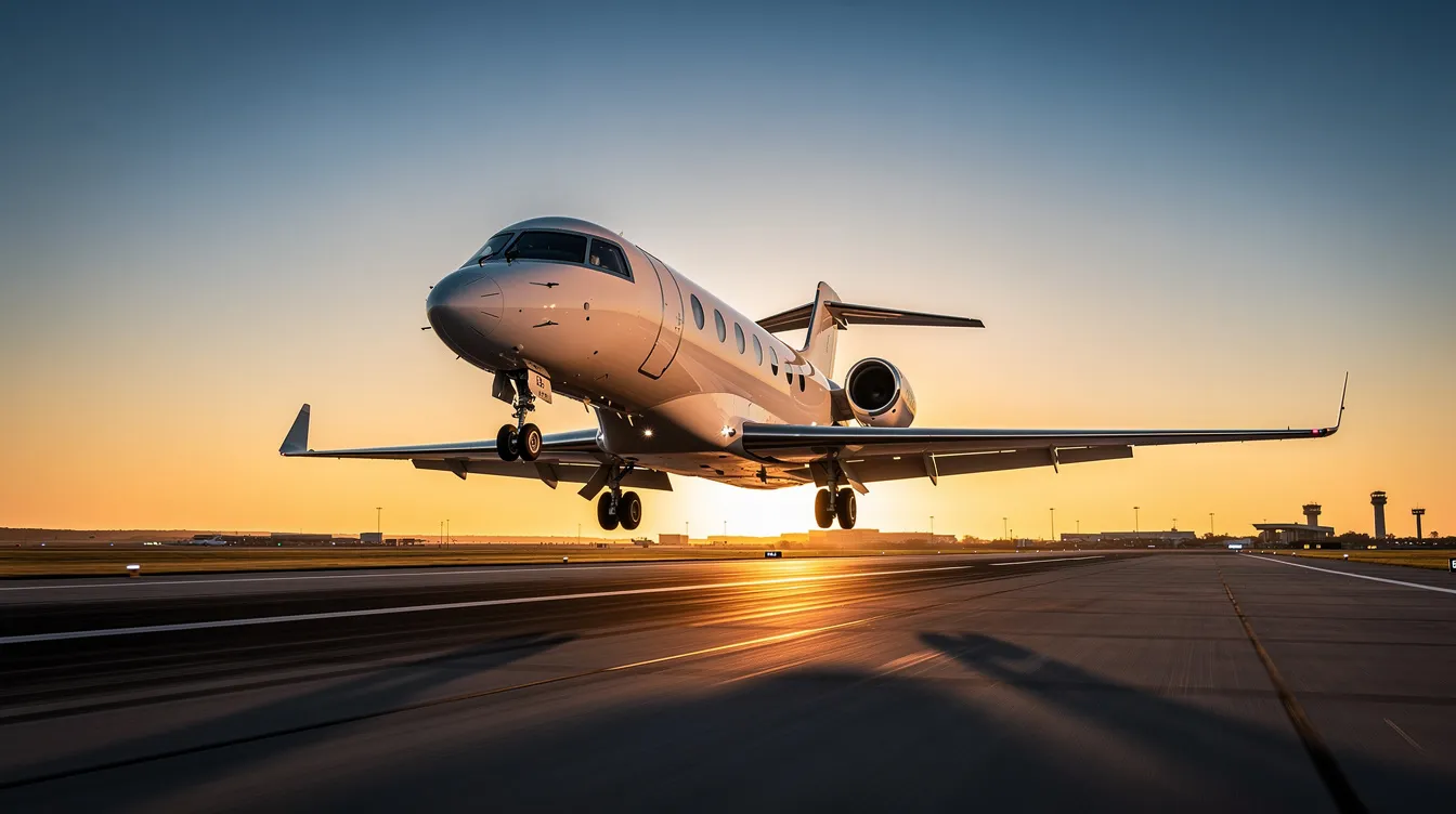 A private jet is taking off against a stunning sunset backdrop, with a clear sky enhancing the scene. The aircraft, designed for business travel, showcases sleek lines typical of personal aircraft, emphasizing luxury and comfort in air travel.