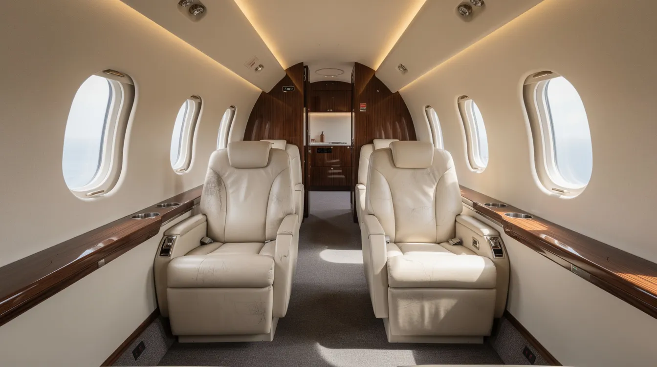 The image depicts the interior of a midsize private jet cabin, featuring luxurious leather seats and elegant wood trim, designed for comfort and style in air travel. This sophisticated setting is ideal for business meetings or leisure trips, showcasing the high standards of private jet charter services.