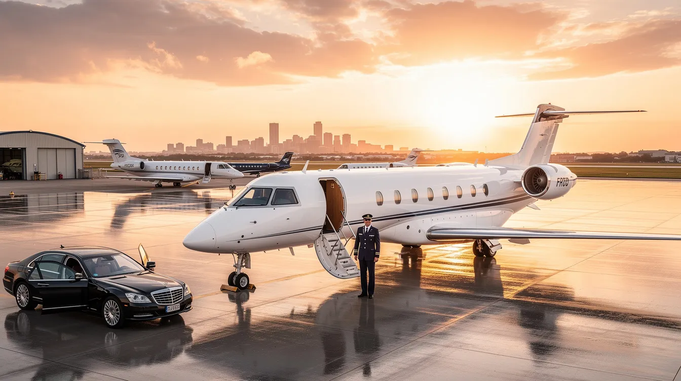 The image depicts a sleek private jet on the tarmac, symbolizing the luxury and efficiency of private aviation. It highlights key aspects of the industry, such as aircraft management and charter sales, appealing to clients looking for exclusive travel options.