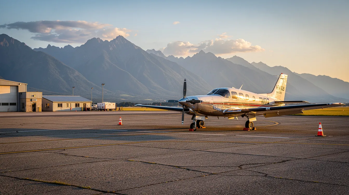 A small twin commander aircraft is parked at a regional airport, with a stunning backdrop of mountains. The scene captures the airplane's sleek design and propeller, showcasing its purpose for flight amidst a serene landscape.