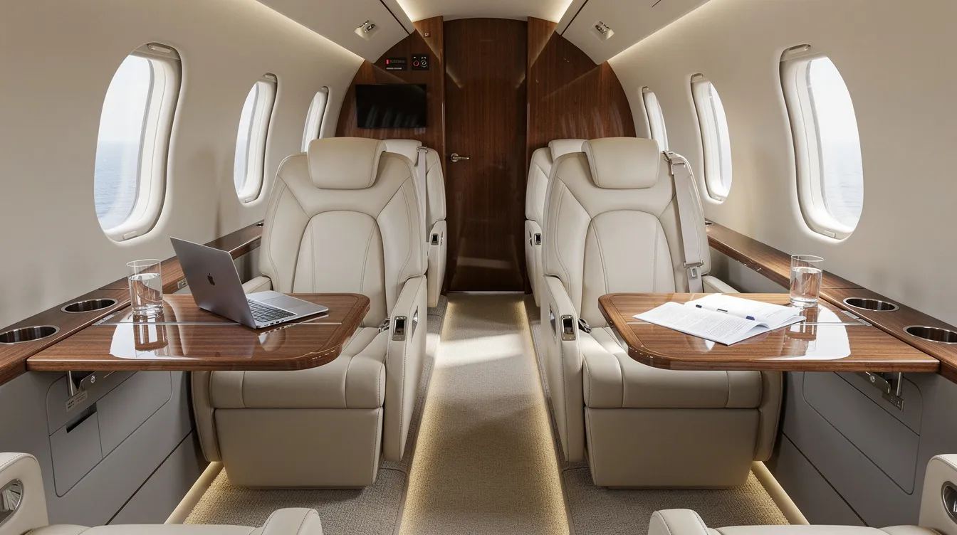 The interior of a small business aircraft features plush leather club seats and functional work tables, providing a comfortable space for passengers to relax or work during flight. This setup is typical in models like the Gulfstream Commander 690C, designed for efficiency and comfort in the air.