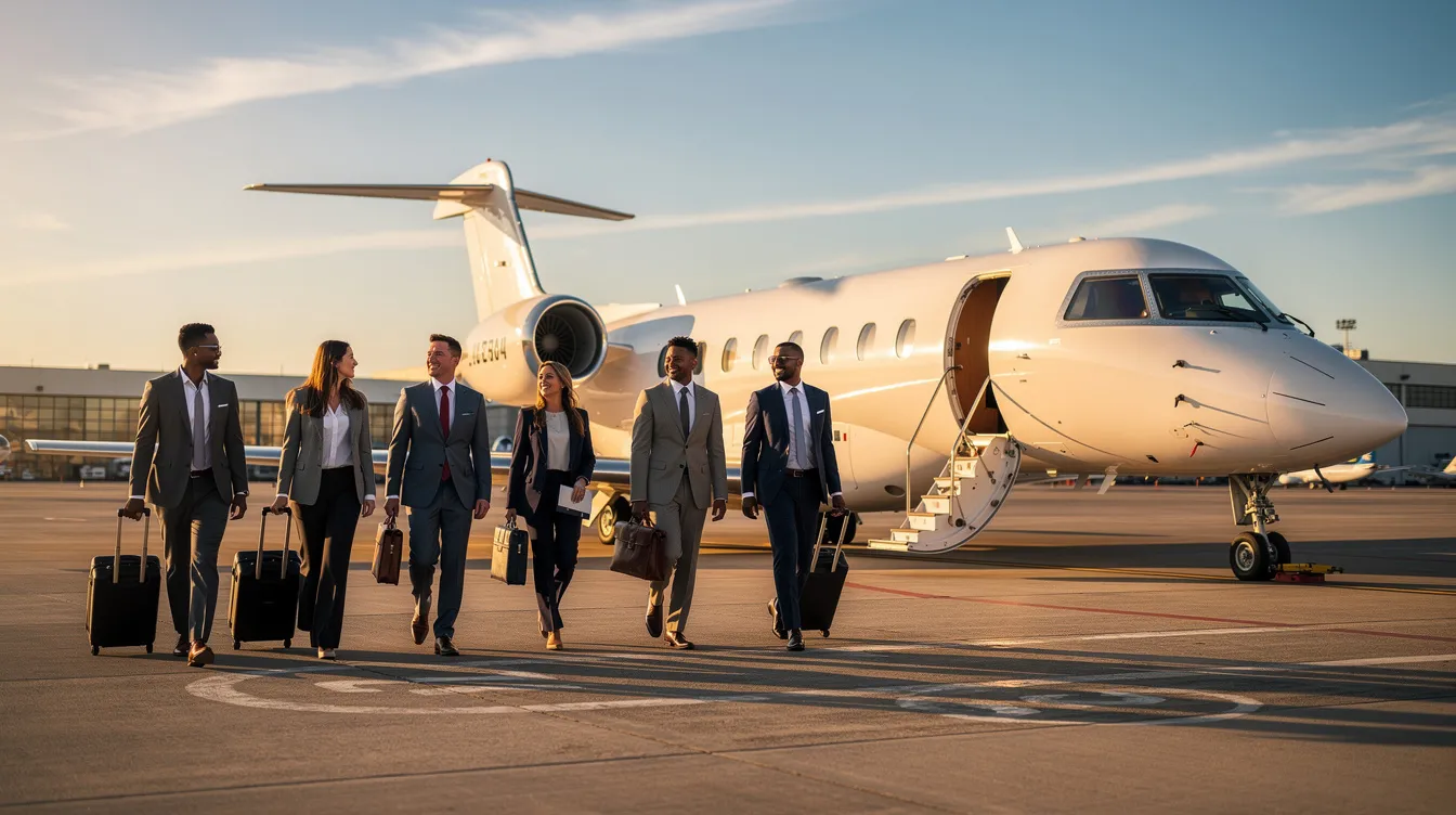 A group of business travelers is walking toward a Gulfstream G450 private jet on a sunny tarmac, showcasing its sleek design and large cabin. The aircraft, powered by Rolls Royce engines, is designed for long-range flights with a maximum range of 4,350 nautical miles, accommodating up to eight passengers comfortably.
