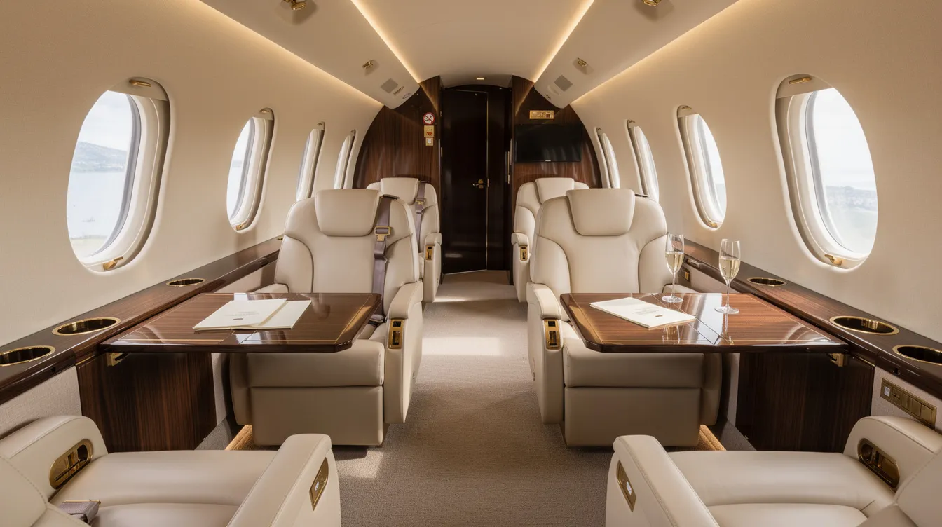 The image depicts the luxurious interior of a Gulfstream G450 private jet cabin, featuring plush leather seats and elegant wood finishes, designed to comfortably accommodate eight passengers. The spacious cabin highlights the aircraft's focus on opulence and functionality, making it ideal for long-range flights.
